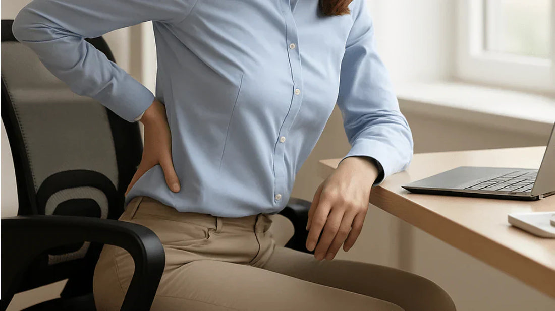 A woman sitting at a desk holding her lower back in discomfort, illustrating the pain caused by standard office chairs.