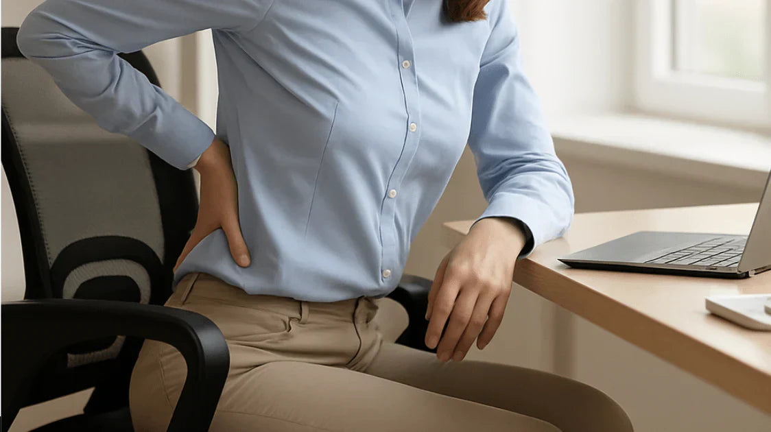 A woman sitting at a desk holding her lower back in discomfort, illustrating the pain caused by standard office chairs.