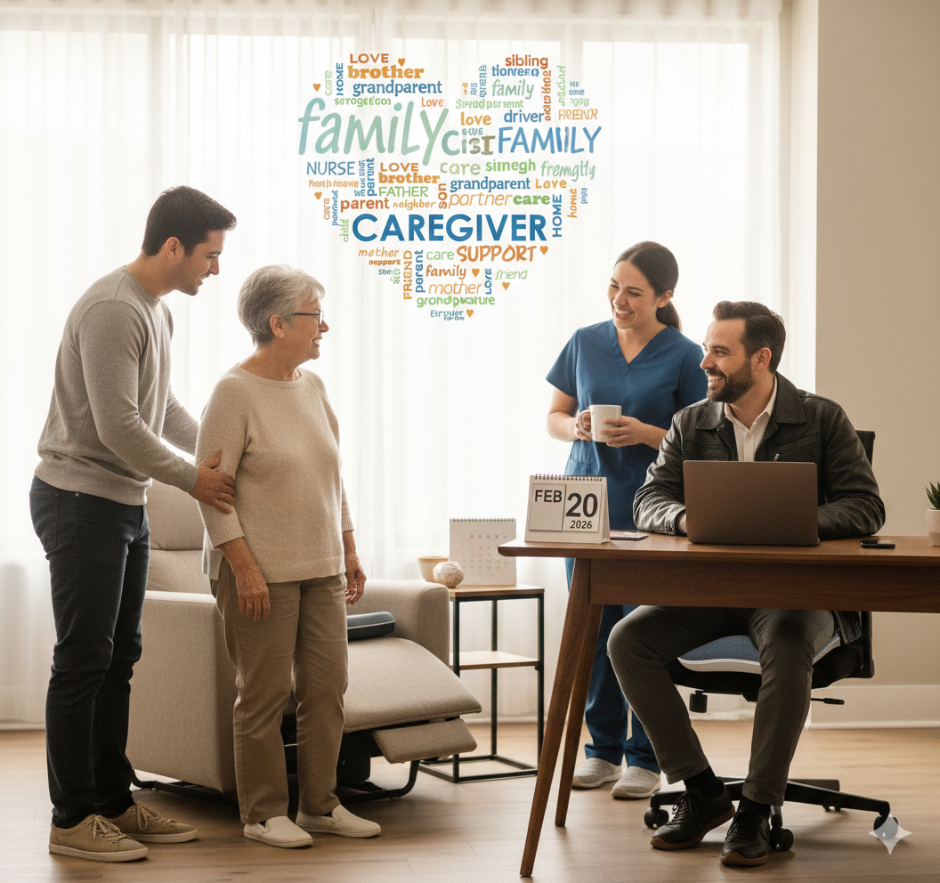 National Caregivers Day 2026 promotional image featuring the various faces of caregiving: from family members and clinical nurses to professional executives. The image emphasizes the collective support system required for senior care.