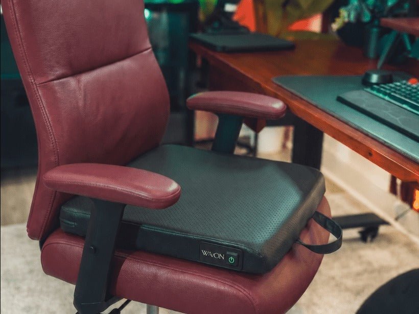 Classic Black: Wavon on a red leather office chair at a desk